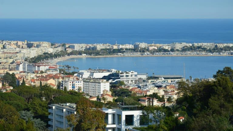 Aerial view of a vibrant coastal city by the sea, showcasing urban architecture and natural landscapes.