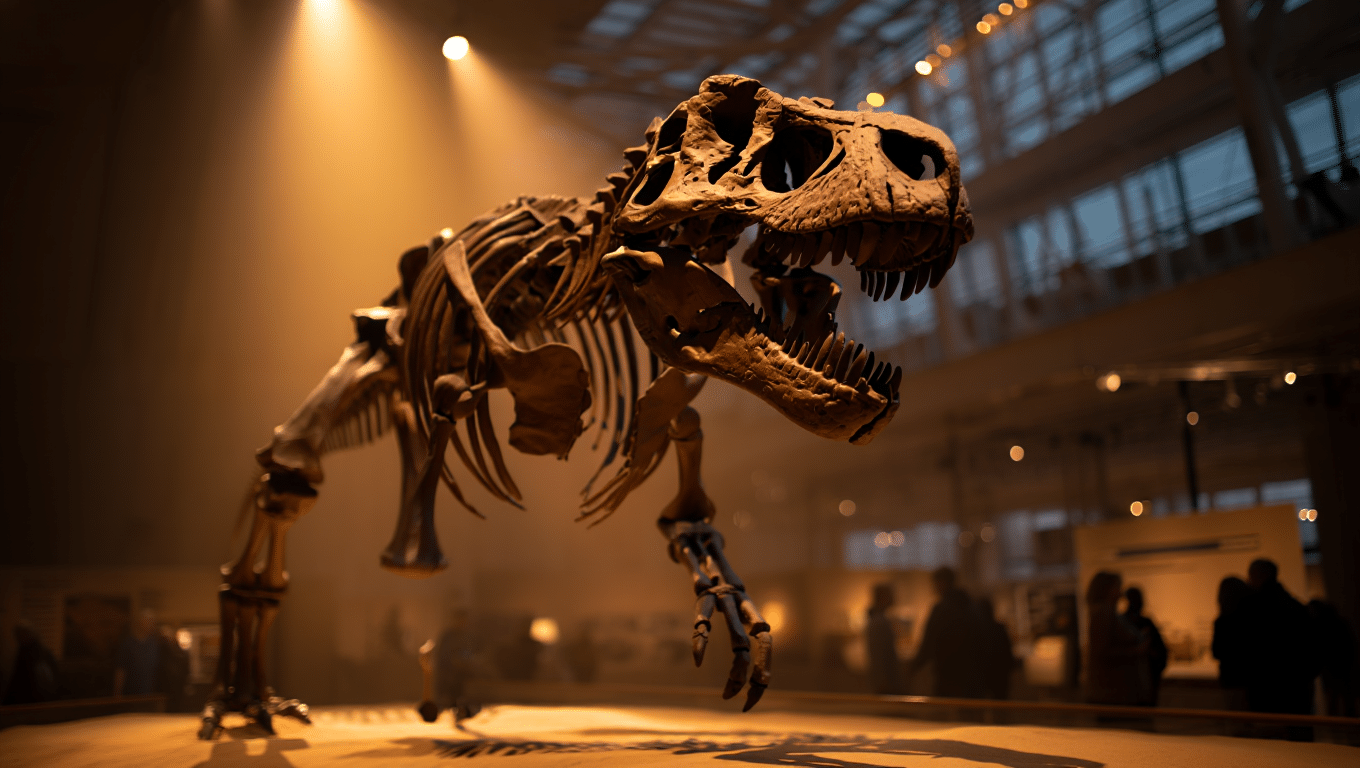 Squelette de dinosaure animatronique en exposition
