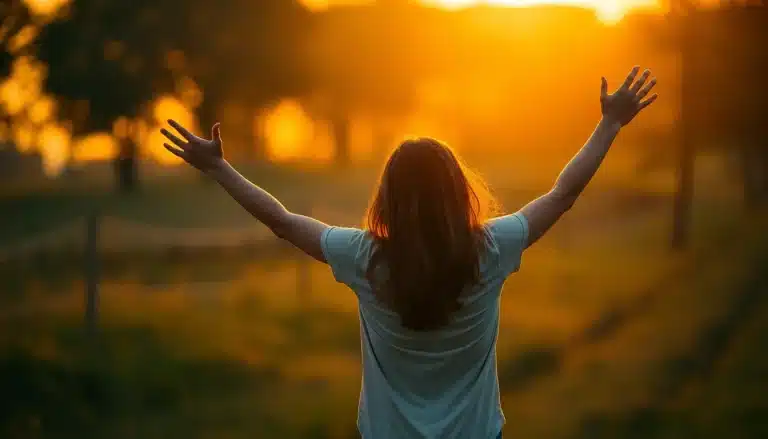 Femme bras levés au coucher de soleil, énergie et vitalité